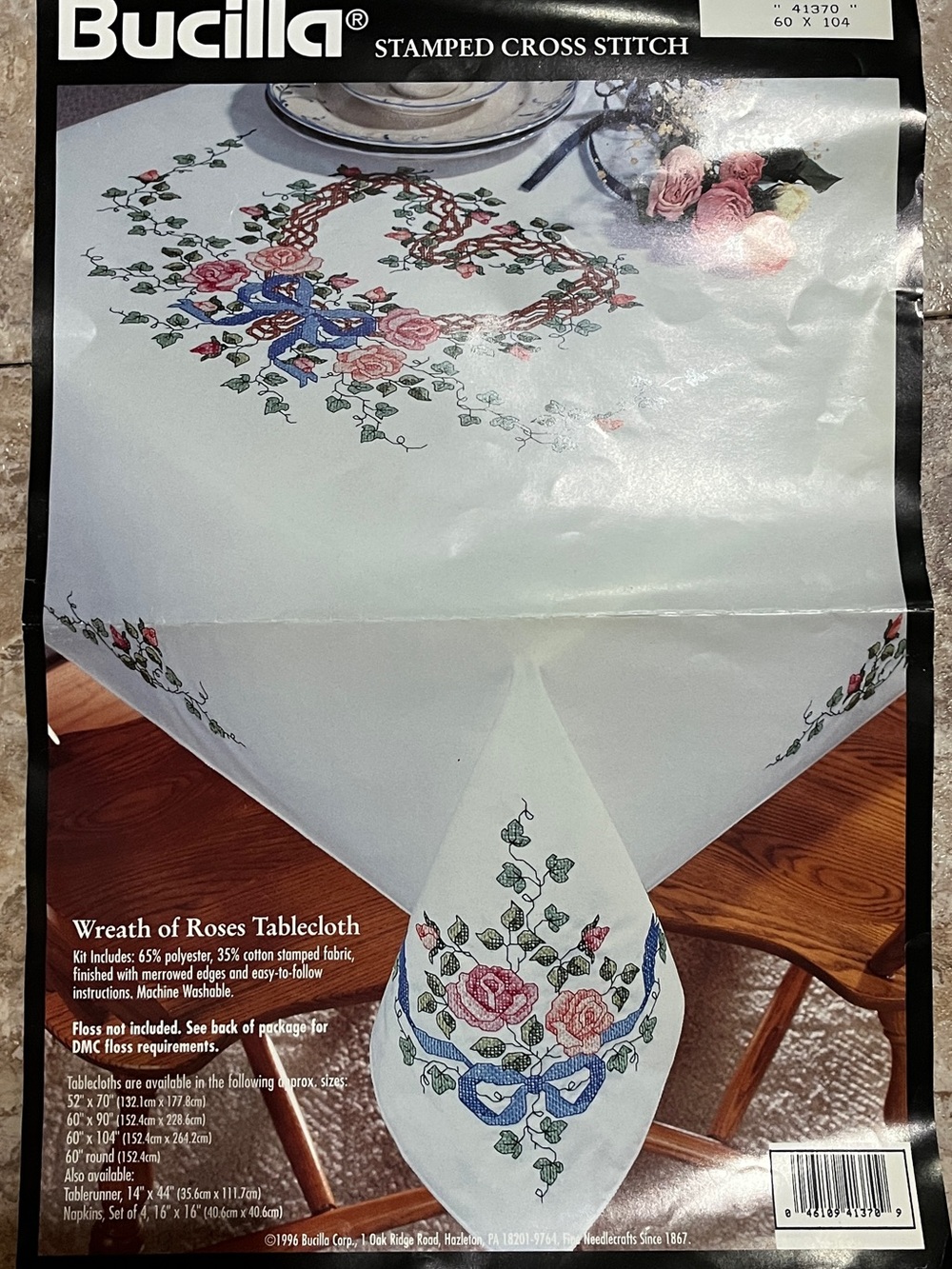 BUCILLA UNFINISHED STAMPED CROSS STITCH ROSE HEART TABLE CLOTH & NAPKINS (KIT)